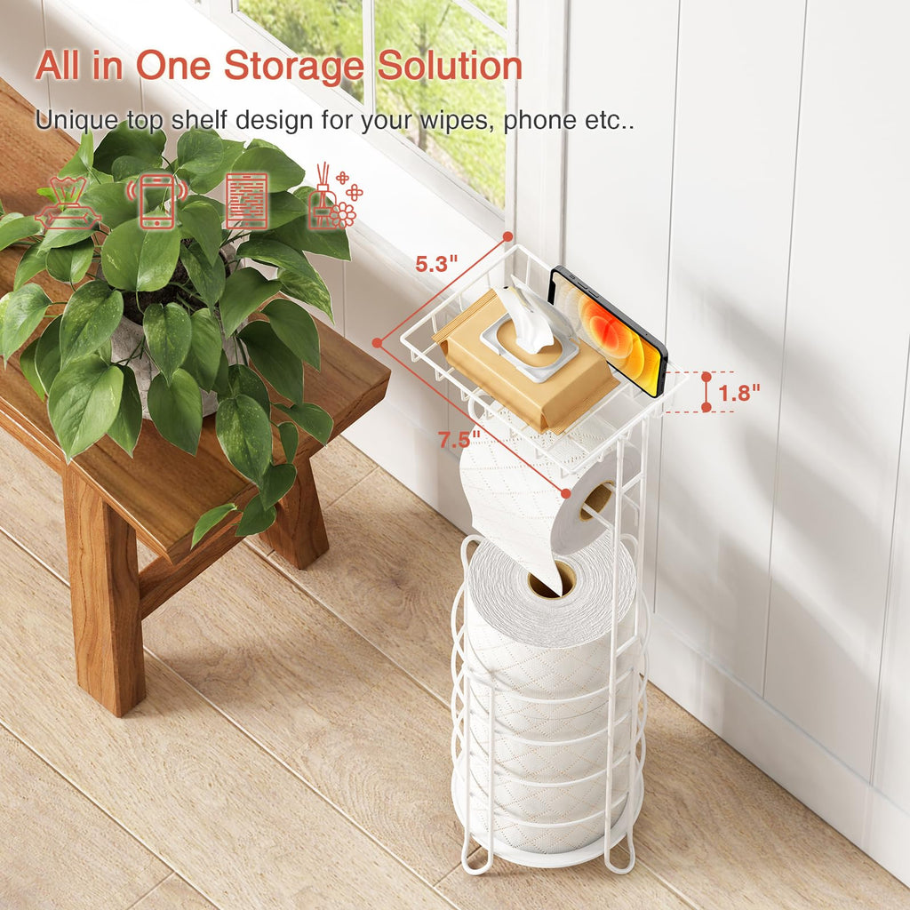 Goozii White Toilet Paper Holder Stand with Shelf, Free Standing Bathroom Tissue Holder for Large Mega Rolls, Metal Floor Toilet Paper Roll Holder with Wipes Storage and Phone Tray (White)