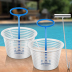 Saillong 2 8" Pool Skimmer Basket for Inground Pool & 2 Skimmer Basket Handle & 1 Stainless Steel Hook, Universal Pools Skimmers Baskets Replacement for Debris Removal, Keep Hands Clean(Blue, White)