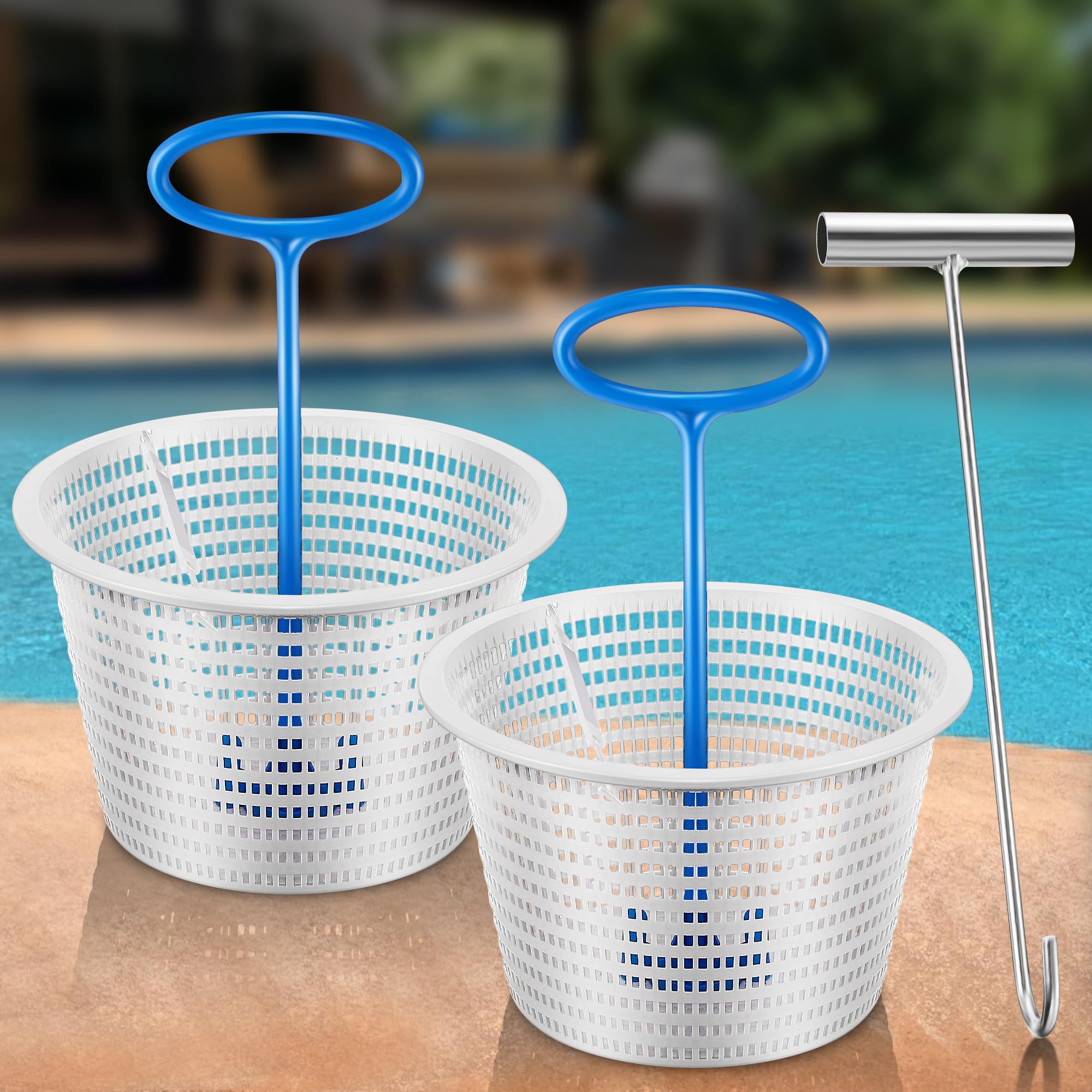 Saillong 2 8" Pool Skimmer Basket for Inground Pool & 2 Skimmer Basket Handle & 1 Stainless Steel Hook, Universal Pools Skimmers Baskets Replacement for Debris Removal, Keep Hands Clean(Blue, White)
