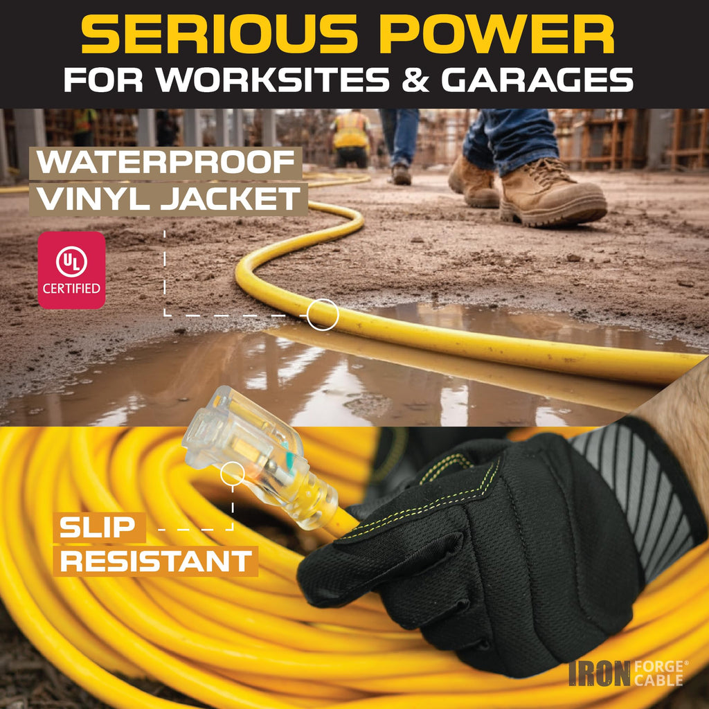 IRON FORGE CABLE 15 Foot Lighted Outdoor Extension Cord - 12/3 SJTW Heavy Duty Yellow Extension Cable with 3 Prong Grounded Plug for Safety, 15 AMP - Great for Garden and Major Appliances