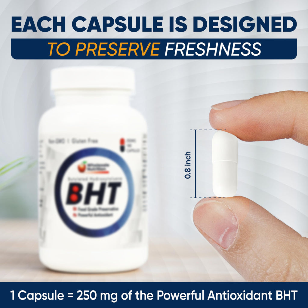 Wholesale Nutrition BHT - 250mg Potent Antioxidant - Non-GMO, Gluten-Free - Enhance Oil/Fat Preservation - Pure Butylated Hydroxytoluene for Foods/Oils - 180 Capsules