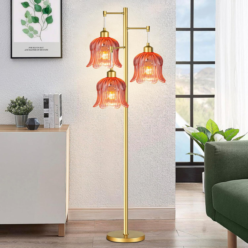 QIYIZM Pink Floor Lamp for Living Room,Bedroom,Gold Mid Century Modern Standing Lamp Brass Tree 3 Light Tall Floor Lamps Floor Lights Glass Flower Lamp Shade Girls Kids Boho Bohemian