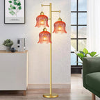 QIYIZM Pink Floor Lamp for Living Room,Bedroom,Gold Mid Century Modern Standing Lamp Brass Tree 3 Light Tall Floor Lamps Floor Lights Glass Flower Lamp Shade Girls Kids Boho Bohemian