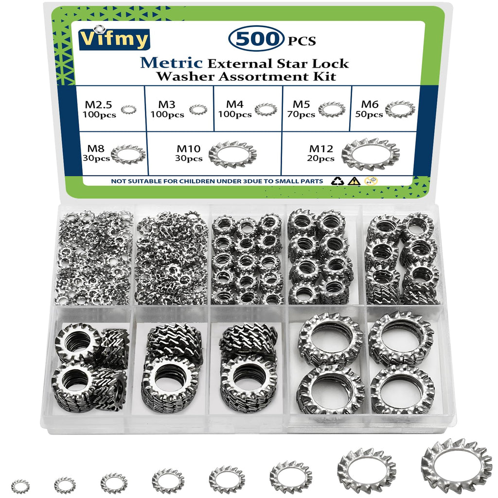 Vifmy Star Washers External Tooth Lock Washers Assortment (M2.5-M12) 500Pcs