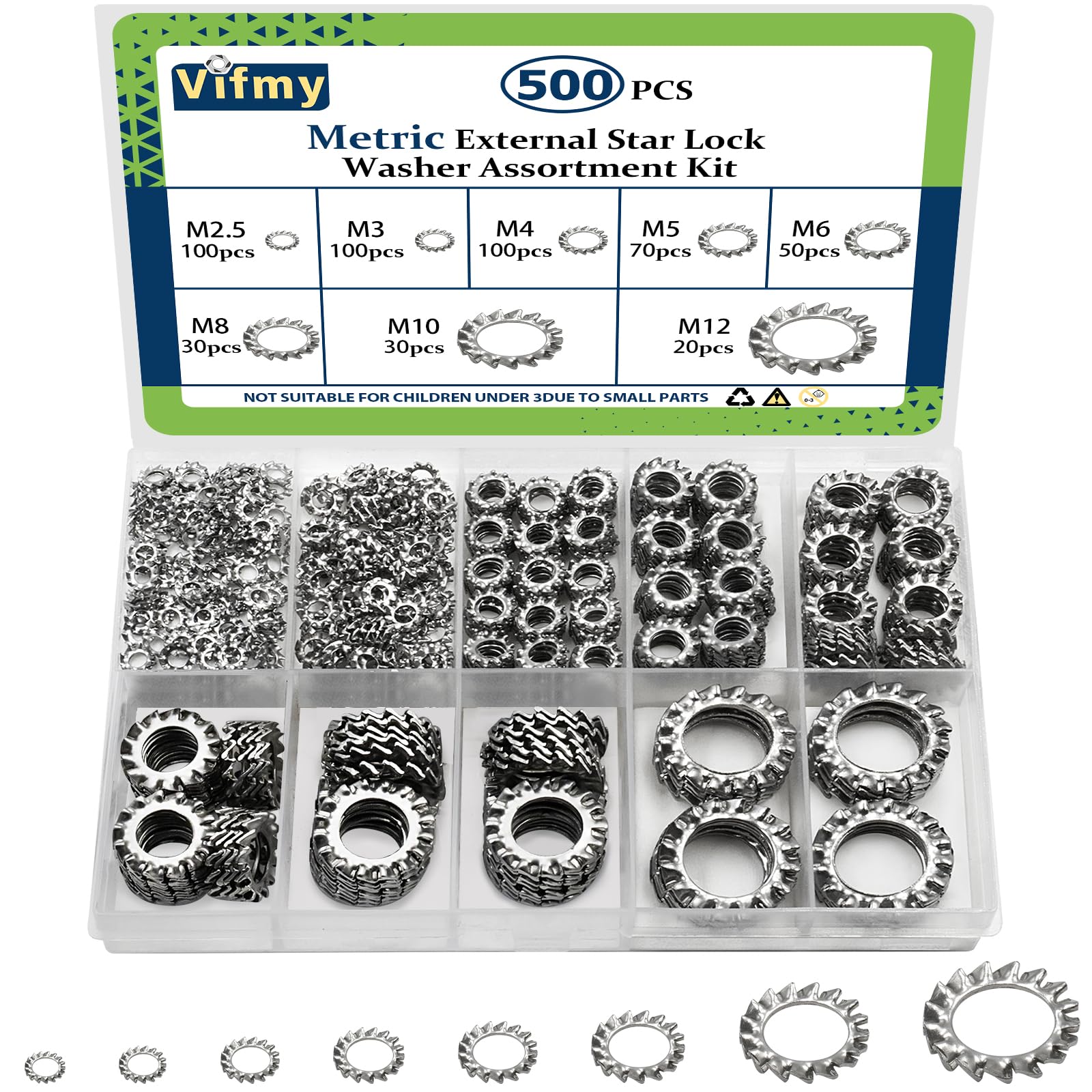 Vifmy Star Washers External Tooth Lock Washers Assortment (M2.5-M12) 500Pcs