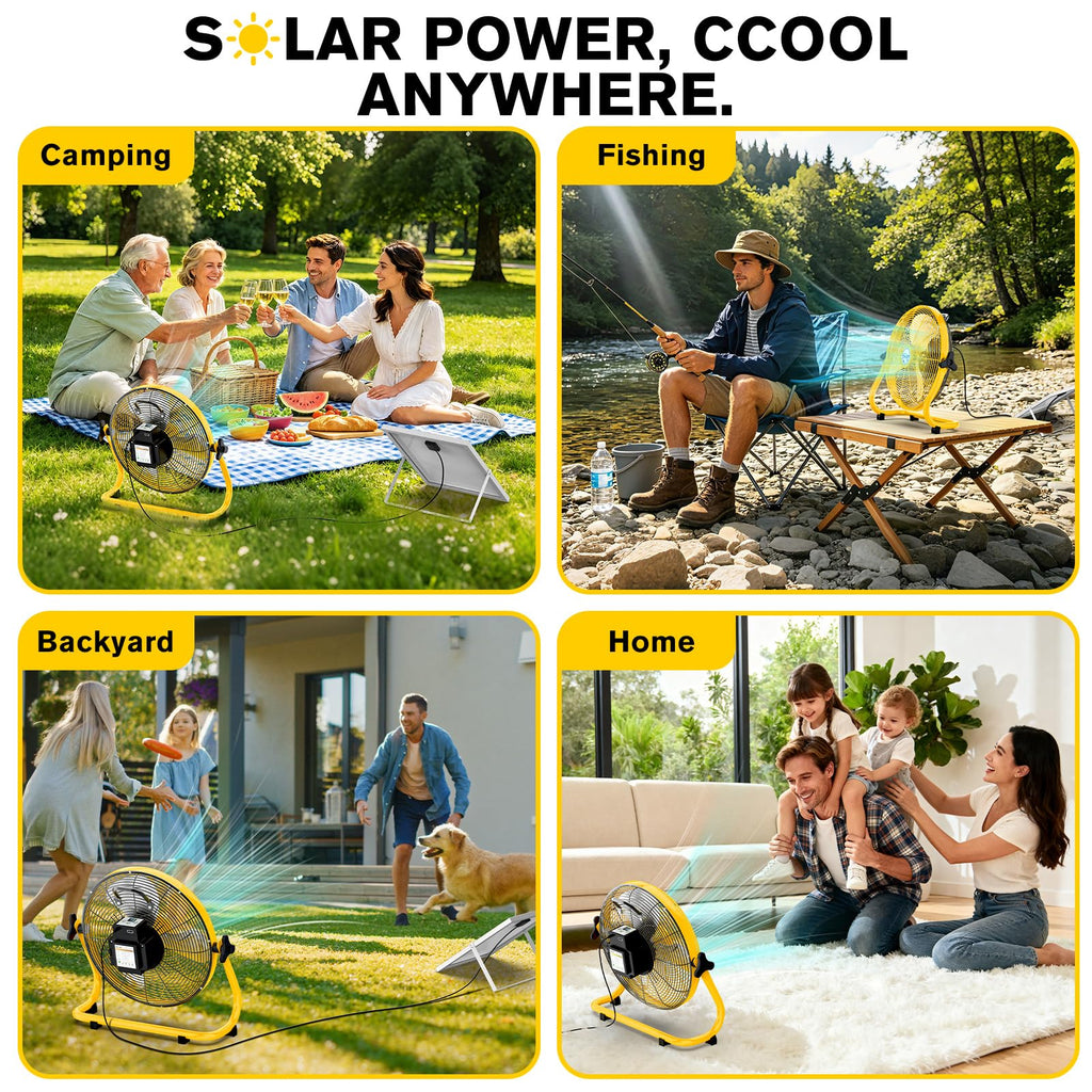 ZMLBTF 14" Solar Powered Fan with 20W Solar Panel & Rechargeable Battery, Portable, Quiet 12 Speed, 360° Tilt Head for Outside, Camping, Travel, Greenhouse, Chicken Coop, Patio, gazebo (Yellow)