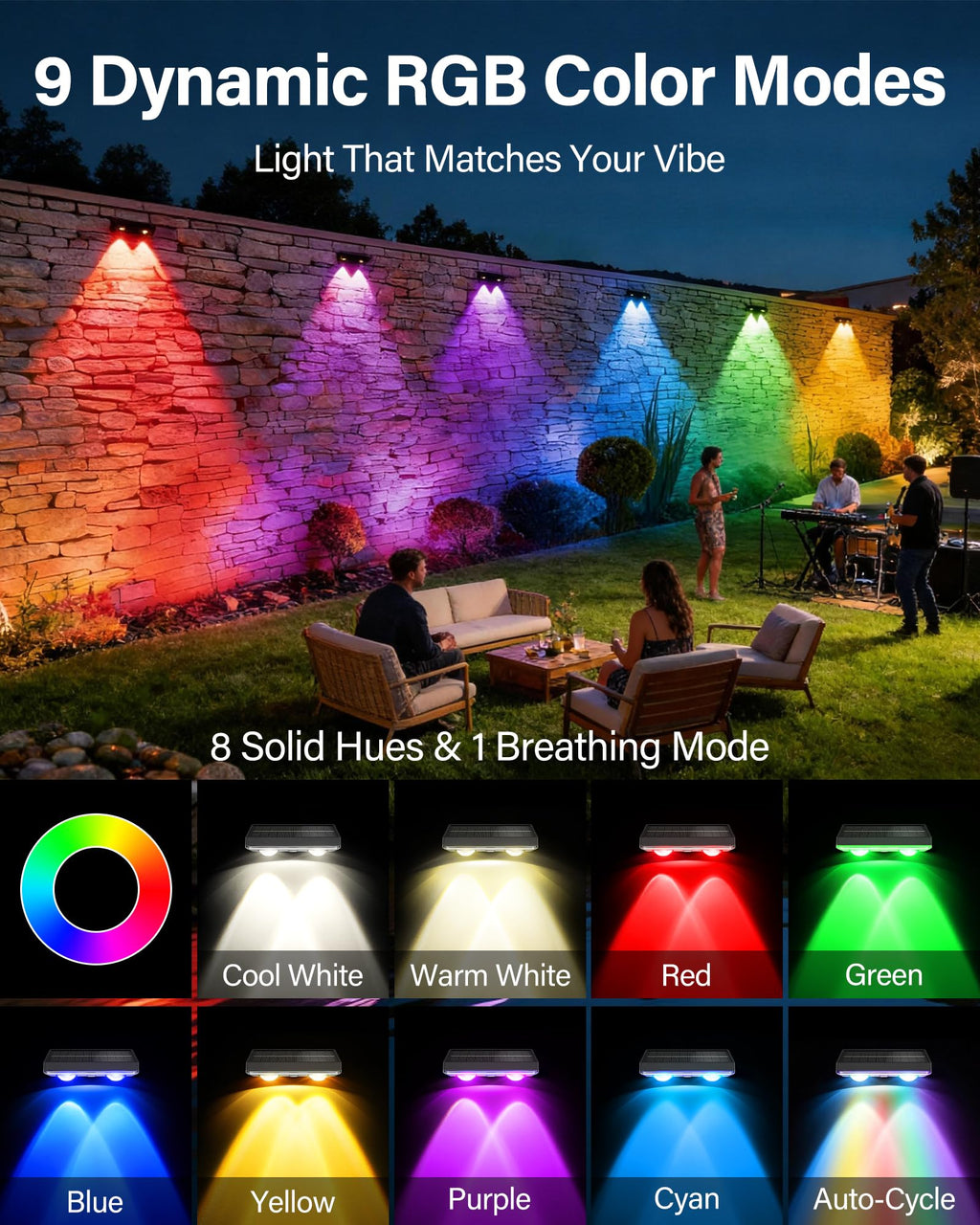 Toeuie Solar Fence Lights Outdoor, 6 Pack Ultra-Bright 85LM Fence Lights Solar Powered, 9 RGB Color Modes, IP65 Waterproof, 12H Dusk to Dawn Glow for Pool/Deck/Patio/Wall/Backyard - Black