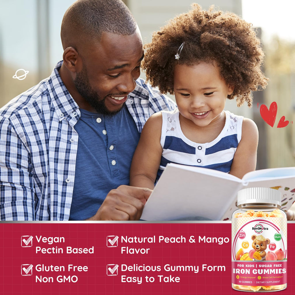 Iron Supplement Gummies for Kids - with Calcium, Zinc, Kids Multivitamin with Iron Gummies - Immune Support, Blood Builder & Energy Support for Iron Deficiency, Anemia, Peach & Mango Flavor, 60 Count
