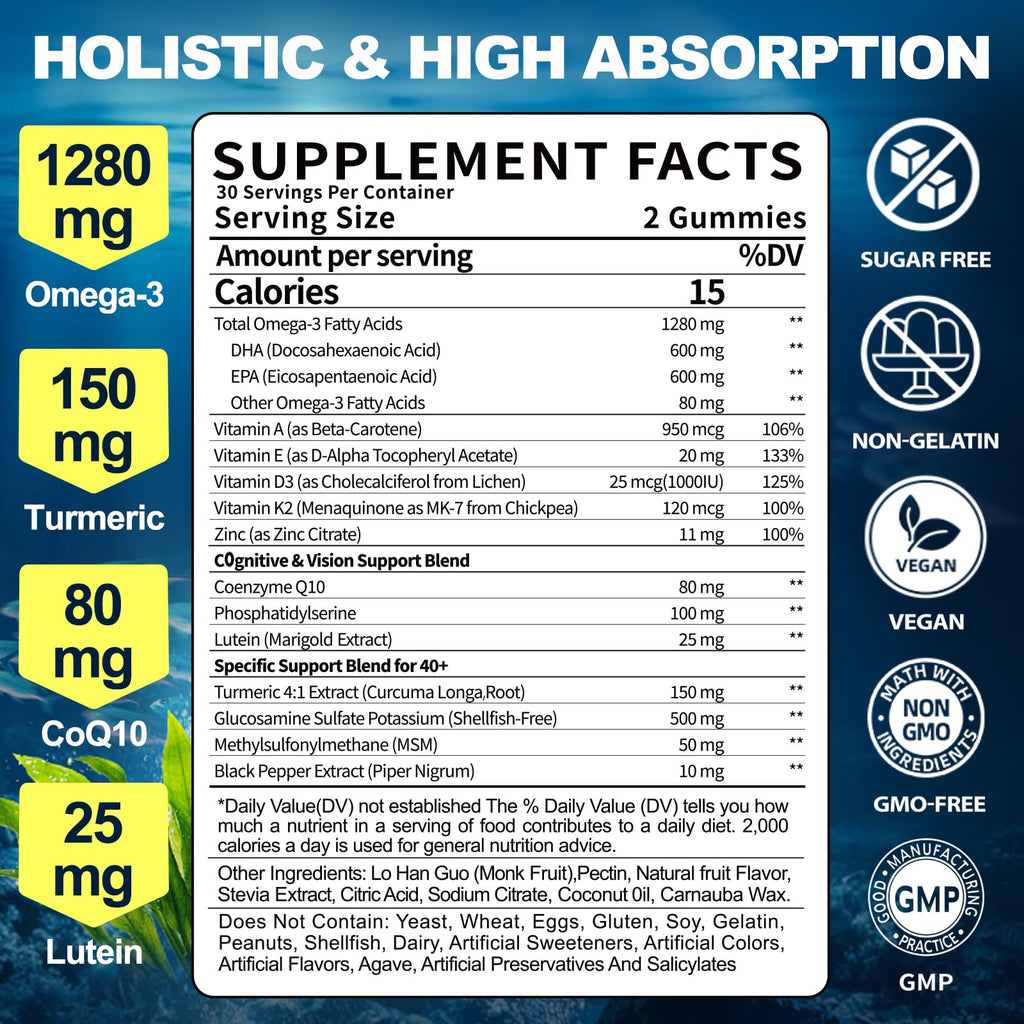 BSSTABBON Omega-3 Gummies Supplement for Adults 40+: 1280mg Vegan Omega3 Fatty Acid DHA EPA with Vitamin D3 K2 Zinc Turmeric for Overall Health Support - Fish Oil Alternative for Women Men(120Count)