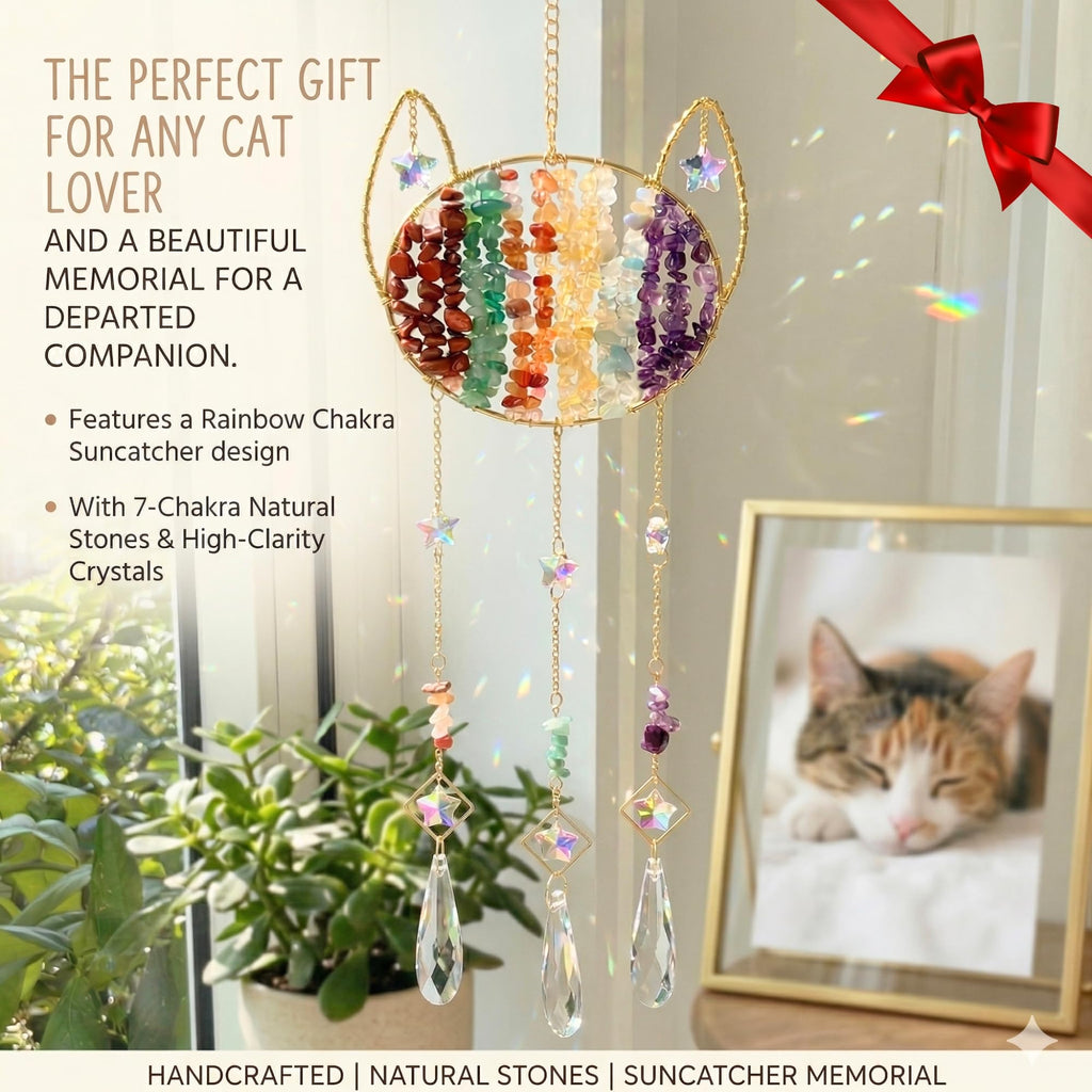 Cat Memorial Crystal Suncatcher - Natural Gemstone Rainbow Maker Wall Hanging Decor, Healing Stone Cat Lover Gifts for Women,Chakra CrystalWind Chimes for Window, Home, Garden Decoration