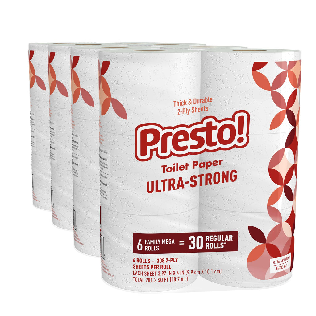 Amazon Brand - Presto! Ultra-Strong 2-Ply Toilet Paper, 24 Mega Rolls = 120 Regular Rolls, 308 Sheets Per Roll, Unscented