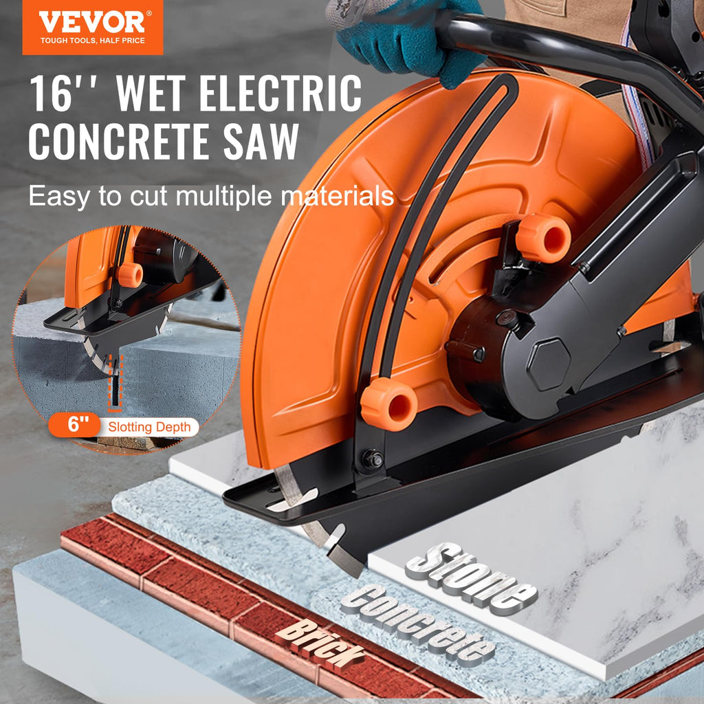 VEVOR Electric Concrete Saw, 16 in, 3200 W Motor Circular Saw Cutter with Max. 6 in Adjustable Cutting Depth, Wet Disk Cutter Includes Water Line, Pump and Blade, for Stone, Brick