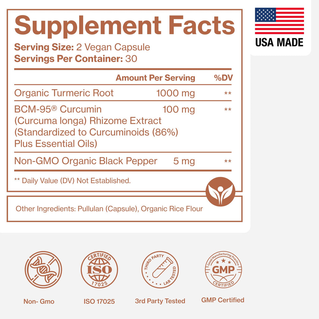 Organic Turmeric Curcumin with Black Pepper & BCM-95 - for Inflammatory Support, Brain & Immune Health - 60 Vegan Turmeric Capsules, 1000mg Per Serve - Herbal Curcumin Supplements