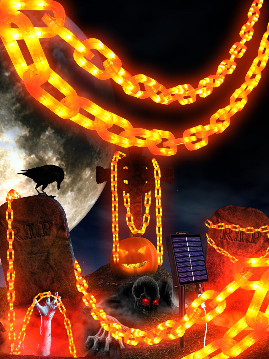 Solar Halloween Chain Lights, 10 FT 160 LED Orange Light-Up 8 Modes Memory