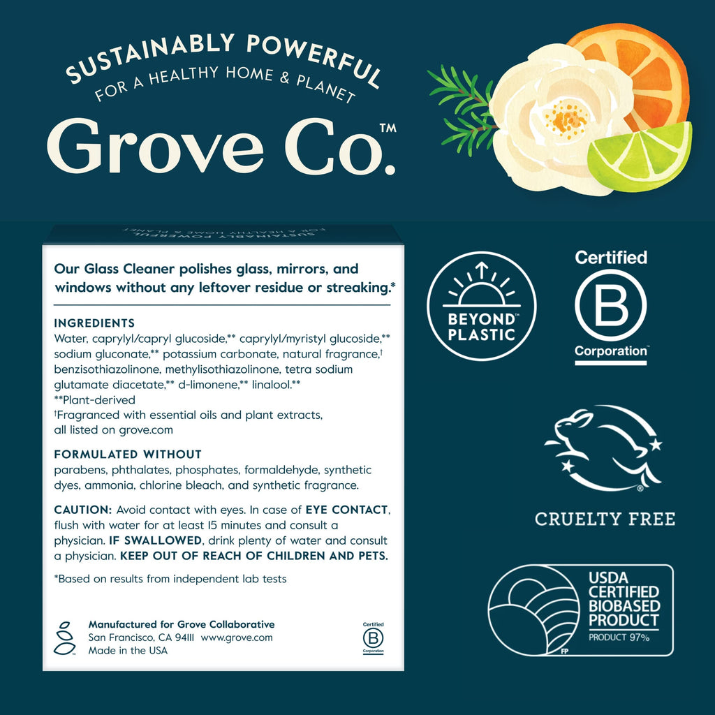 Grove Co. Glass Cleaner, Refill Concentrate (6 x 1 Fl Oz) Streak Free, Plant-based Household Cleaning Supplies, No Plastic Waste, Orange & Rosemary Fragrance, 3 x 2 Pack Refills