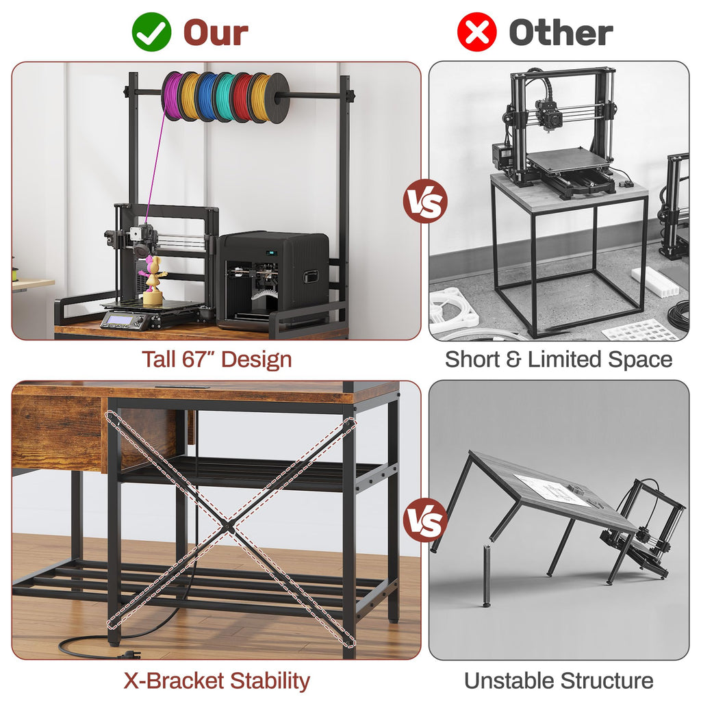 Anrigeail 3D Printer Stand with Filament Storage – Tall 66" Heavy Duty Metal 3D Printer Table with Power Hub, Drawer & X-Bracket Stability for Workshop, Studio, Office
