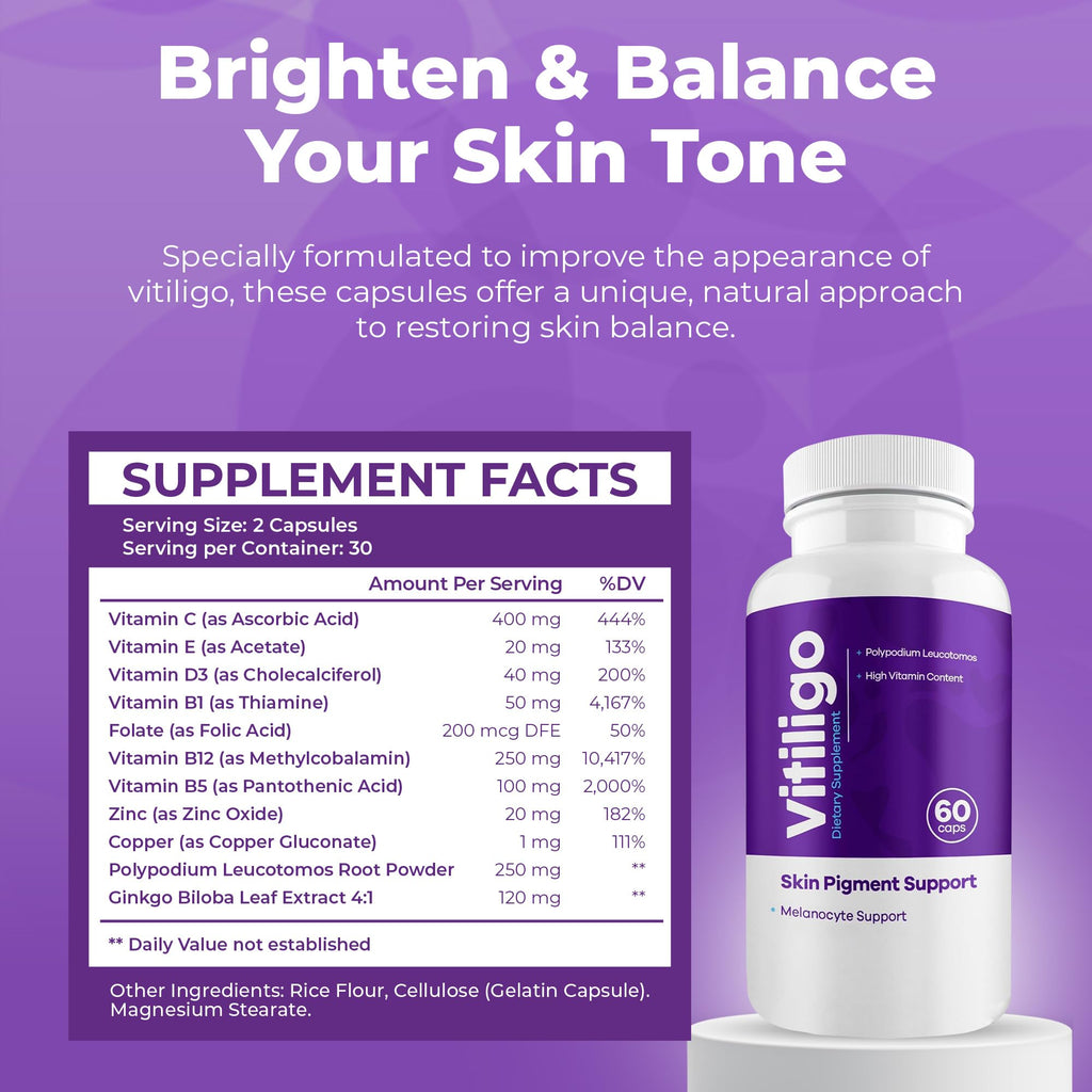 AURA VITAMINS - Vitiligo Capsules 60 Count | 1 Month | Improve Skin Pigmentation Support and Reduce White Spots | Effective Vitiligo Supplement | Natural Solution for White Spots on Skin. (1)