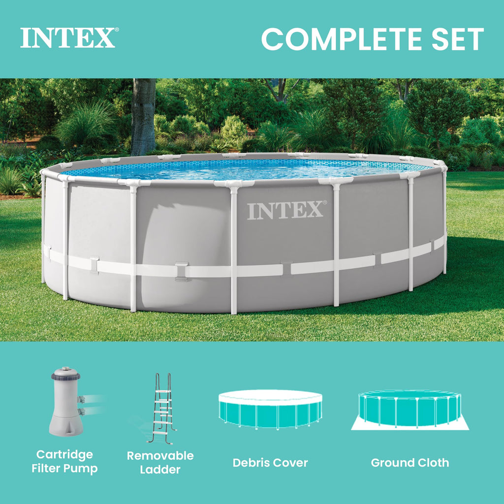 INTEX 26725EH Prism Frame Premium Above Ground Swimming Pool Set: 15ft x 48in – Includes 1000 GPH Cartridge Filter Pump – Removable Ladder – Pool Cover – Ground Cloth