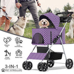 MoNiBloom 3 in 1 Foldable Pet Stroller for Small & Medium Dogs, Detachable Carrier, Car Seat, Push Button Entry, 4-Wheel Jogger for Pets up to 33 lbs, Purple Polka Dots