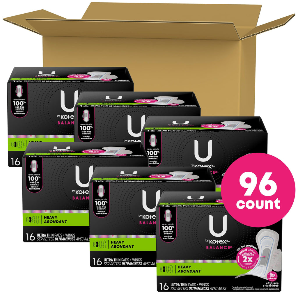 U by Kotex Balance Ultra Thin Pads with Wings, Heavy Absorbency, 96 Count (6 packs of 16) (Packaging May Vary)