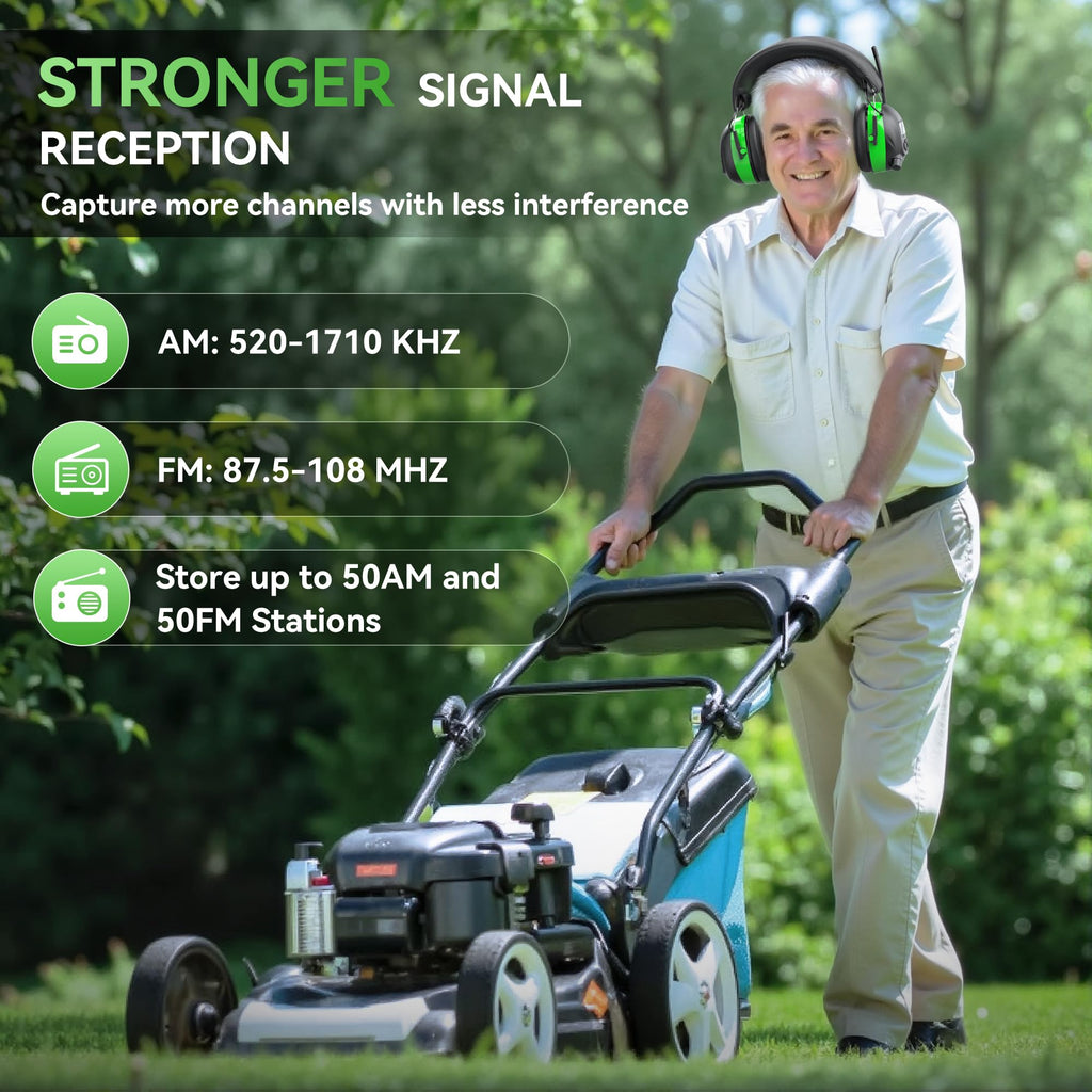 2025 AM/FM Radio Ear Protection Headphones with Backlit Digital Display, 120H Working Time, Rechargeable Hearing Protector, 30dB Noise Reduction Safety Earmuffs for Mowing, Construction, Work, Green