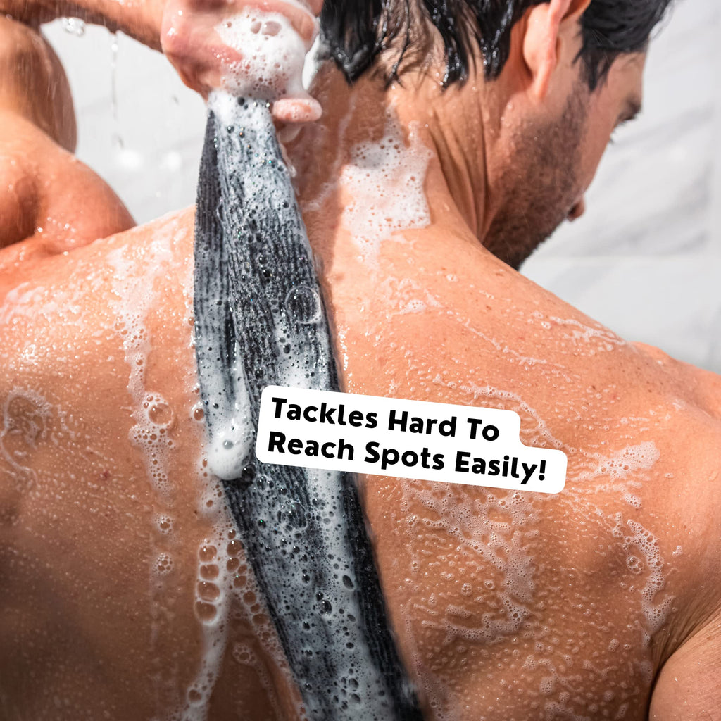 Extra Rough Exfoliating Washcloth - Extreme Body & Back Scrubber for Shower, Hygienic, Long 1 Black & 1 Grey, Men or Women, 2 Count Pack