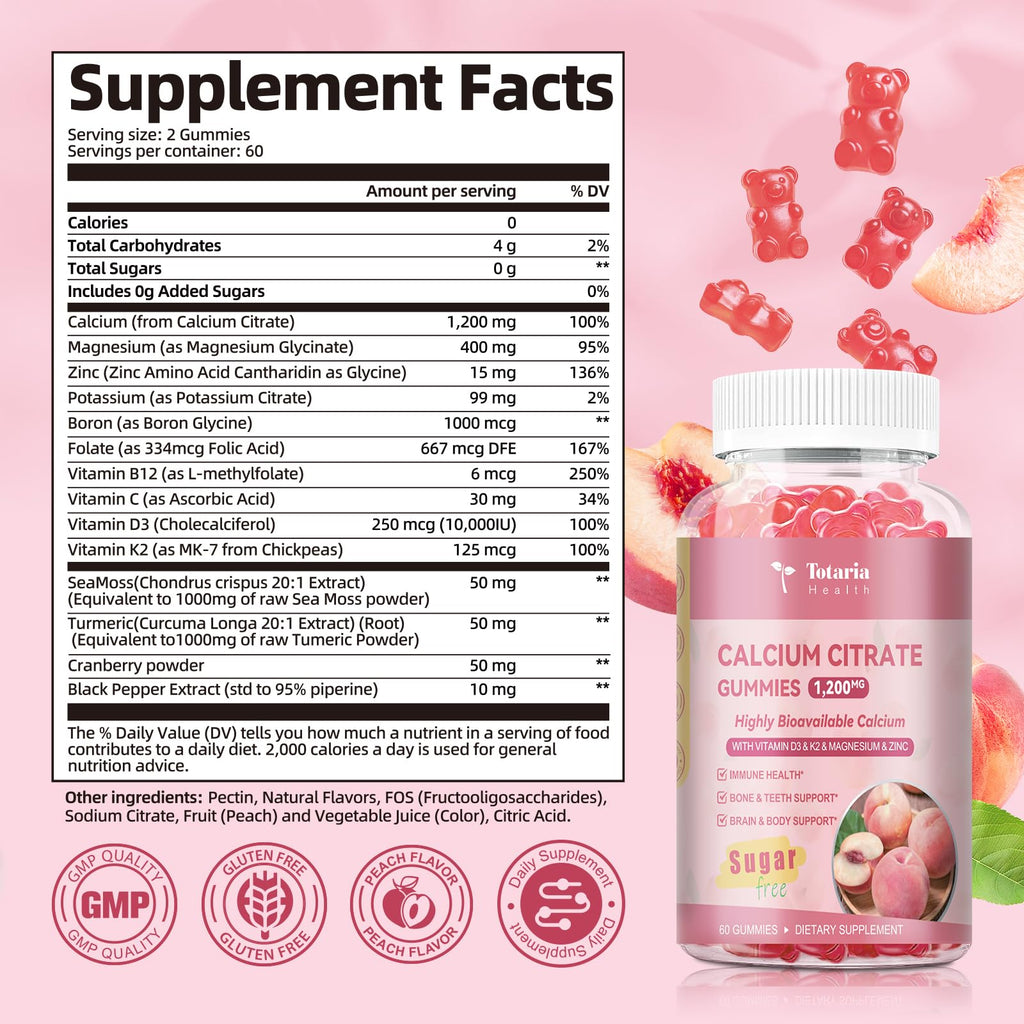 2 Pack Calcium Citrate Gummies 1200 mg - Calcium Supplements for Women with Vitamin D3 & K2,Magnesium,Zinc - Sugar Free Calcium Gummies for Bone & Teeth & Immune Support- Peach Flavor