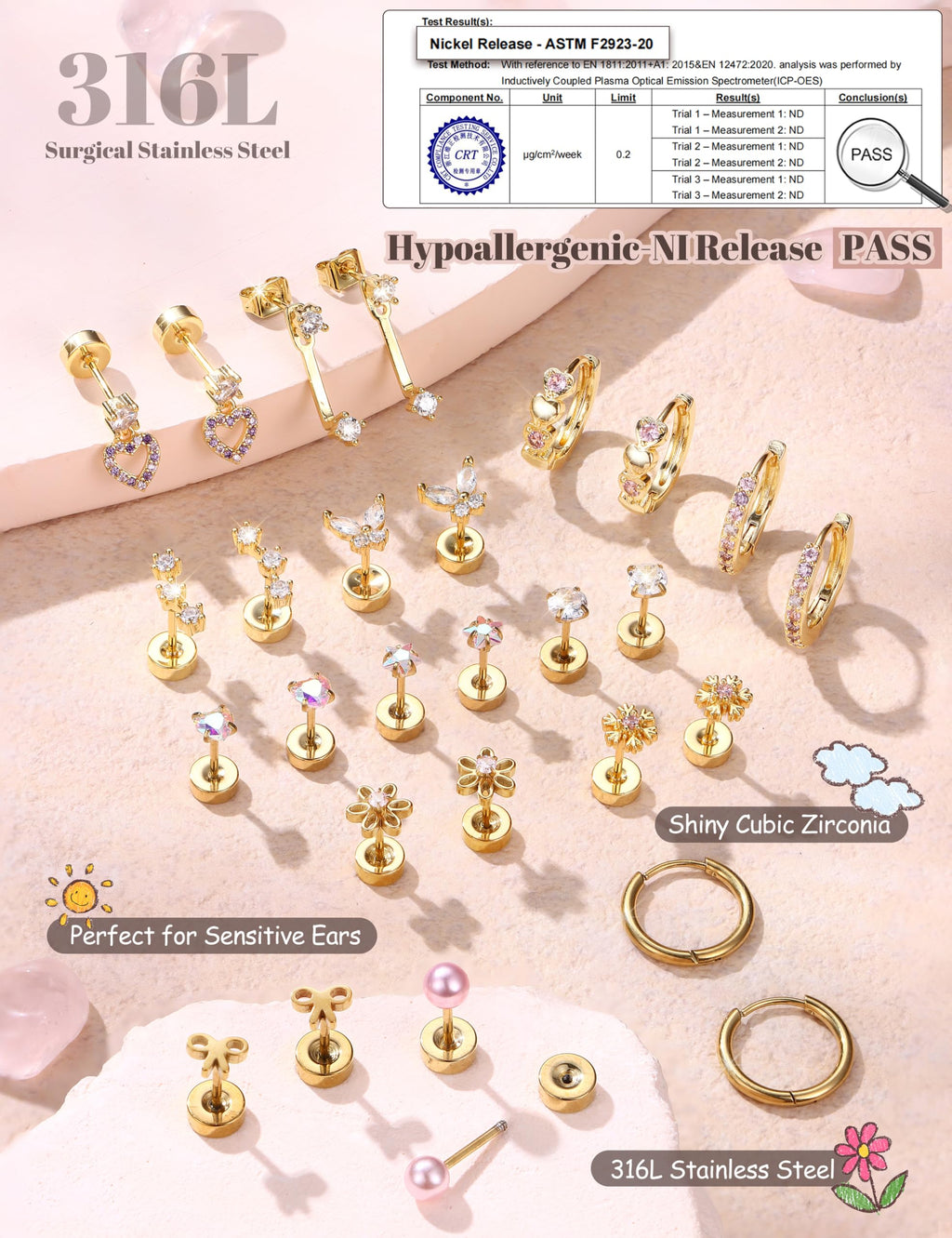 Surgical Steel Flat Back Earrings-Hypoallergenic Earrings for Girls Women