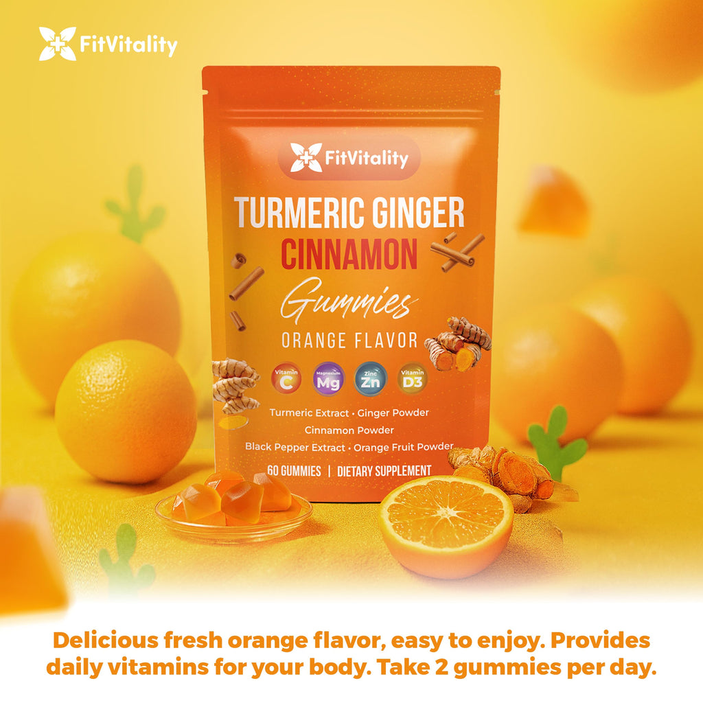 Premium 60 Turmeric Ginger Cinnamon Gummies – with Vitamin E, B12, Magnesium, Black Pepper Extract & Vitamin D3 – Orange Fruit Flavor - Vegan Gummies