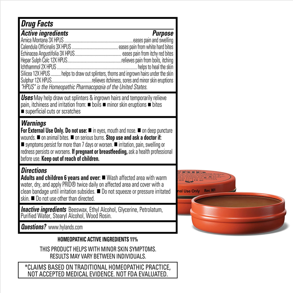 Hyland's PRID Drawing Salve, Topical Skin Irritation Relief, For Splinters, Thorns, Ingrown Hairs, Itch Relief for Bug Bites, Boils, Minor Cuts and Scrapes, 18 Grams