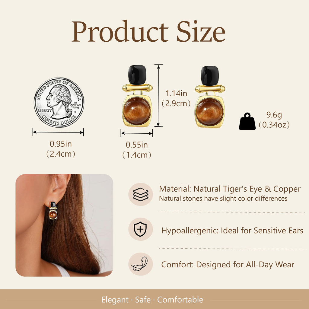 Sylph Tiger Eye Stud Earrings for Women, 18K Gold Plated and Black Brown Stone Dangle Drop Earring, Tigers Eye Jewelry Gifts