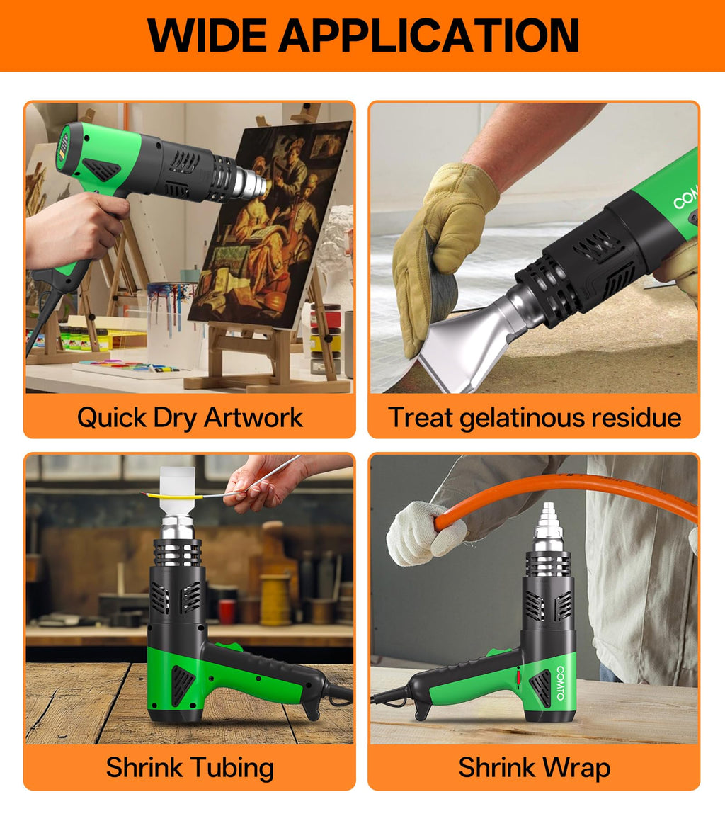 COMTO Heat Gun 1800W Fast Heating 122℉-1202℉ Heavy Duty Hot Air Gun Variable Temperature Control Overheat Protection 2 Speed Air Flow with 4 Nozzles for Crafts, Shrinking Tubing, Vinyl Wrap (SG-1004)