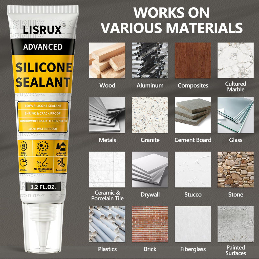 LISRUX Advanced White Silicone Caulk for Kitchen & Bathroom - 6 Pack (3.2 Fl Oz Each) | 100% Waterproof Silicone Sealant | Super Strong Adhesion, Shrink & Crack Proof