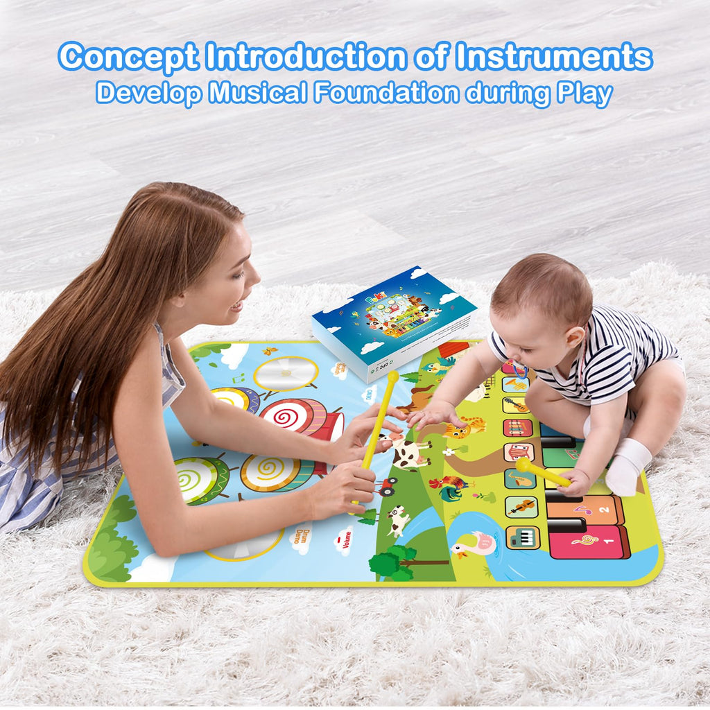 Foki 3-in-1 Musical Mats, Child Floor Piano Drum Animal Music Play Mat Montessori Sensory Early Educational Musical Learning Toys for Baby Girls Boys Birthday Toddlers 1-5 Years Old