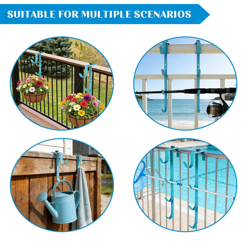 2Sets Blue Four Pool Pole Hooks Hangers, Adjustable Heavy Duty 4 Fence Hooks for Pool Poles Equipment, Pool Tool Holder for Telescopic Poles Skimmers Vacuum Hose Nets Brushes Swimming Pool Accessories
