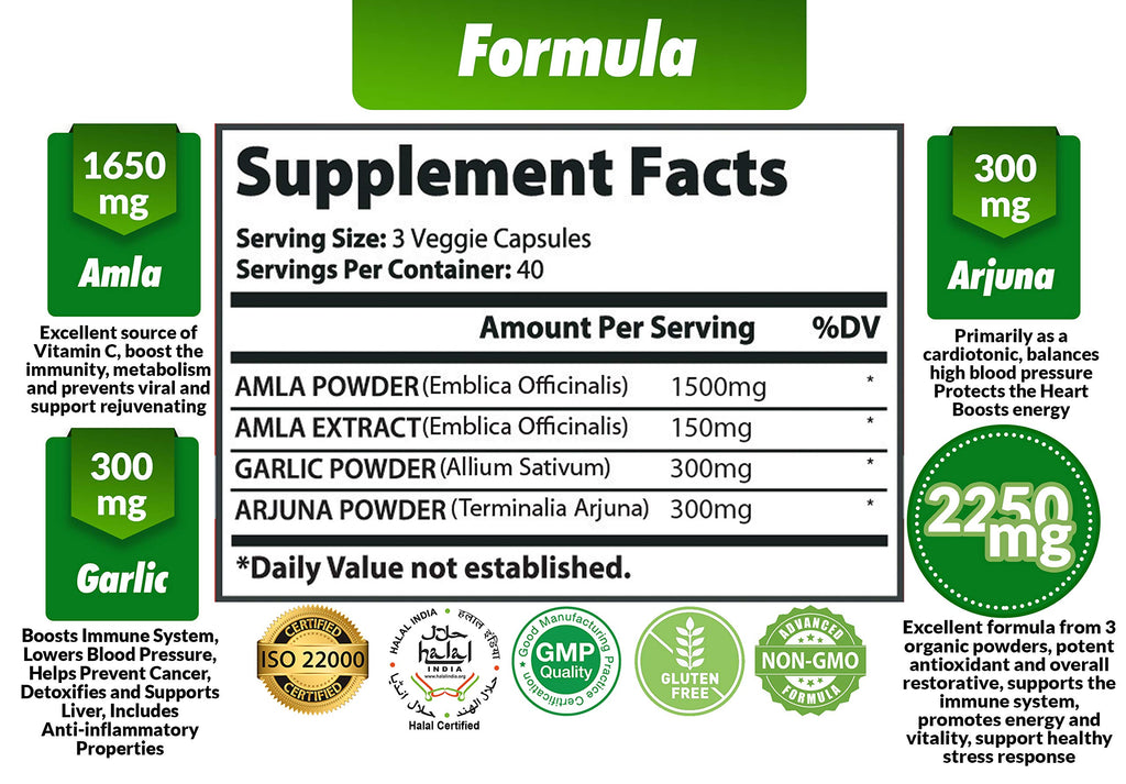 Organic Amla Capsules 2250mg & Arjuna, Garlic |Natural Vitamin C Supplements, High Antioxidants, Rejuvenator |Supports Immunity, Energy Booster |Gluten Free Vegan India Amalaki Extract Fruit, 120 Caps