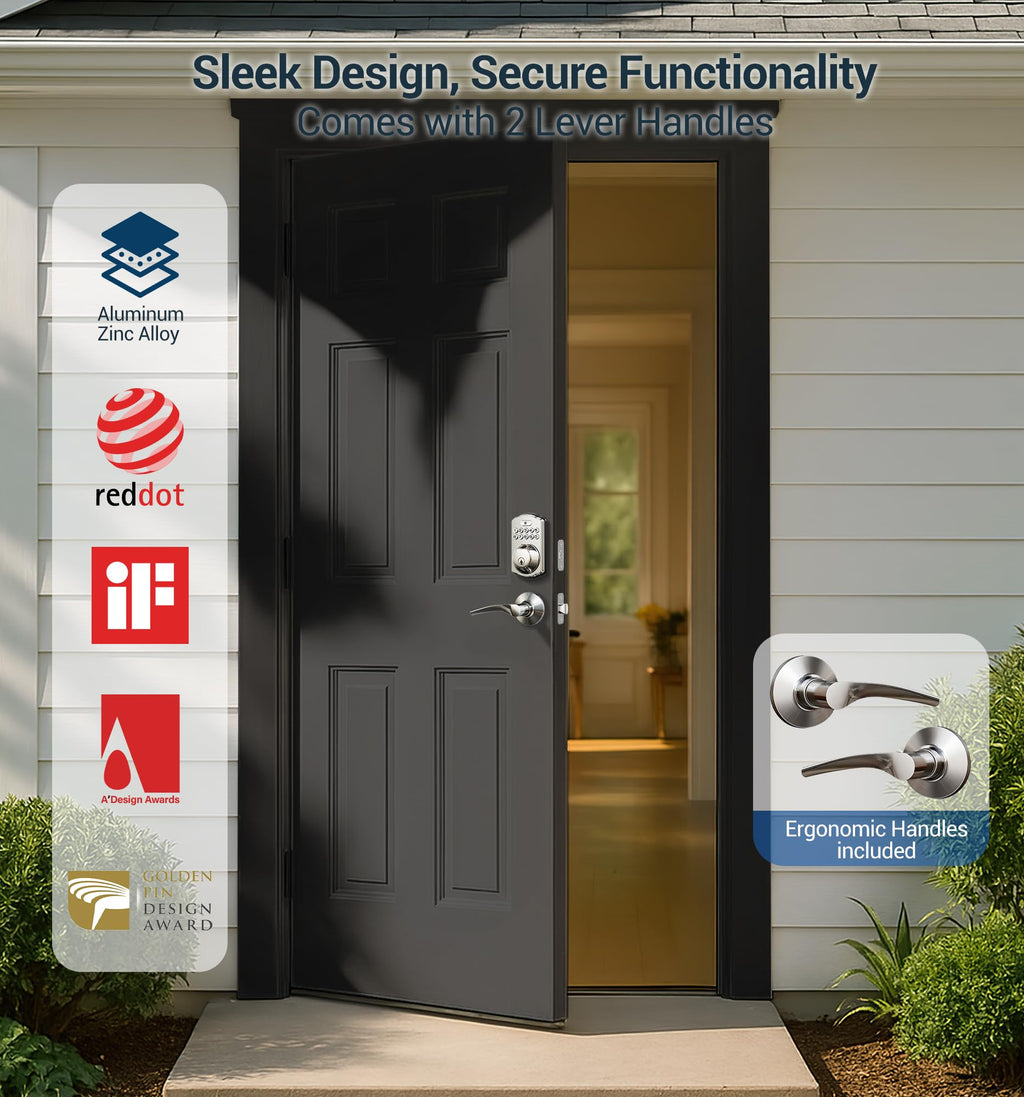 Veise Fingerprint Door Lock with 2 Lever Handles - Keyless Entry Door Lock, Electronic Keypad Deadbolt, Digital Smart Code & Front Handle Sets, Auto-Locking, Easy Installation, Satin Nickel