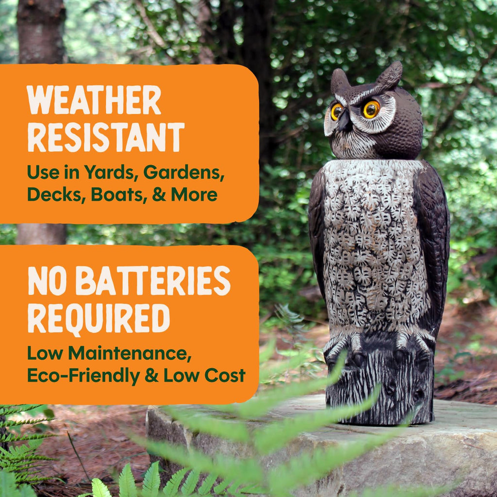 Dalen Large Rotating Head Fake Owl Decoy to Scare Birds Away - 18” Tall - Garden Scarecrow Owl with 360º Rotating Head