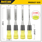 HURRICANE 4 Piece Wood Chisel Set for Woodworking. CR-V Steel Beveled Edge Blades with Safety Caps. Extra Large Grip, Impact-Resistant PVC Handle Chisels (1/4", 1/2", 3/4", 1")