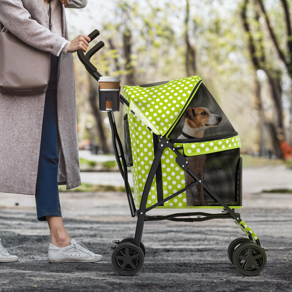 MoNiBloom 4 Wheels Pet Stroller, Easy-Fold Umbrella Shaped Dog Cat Jogger Stroller w/Storage Bag & Visible Mesh for Small/Medium Dogs Cats Lawn Green Polka Dots