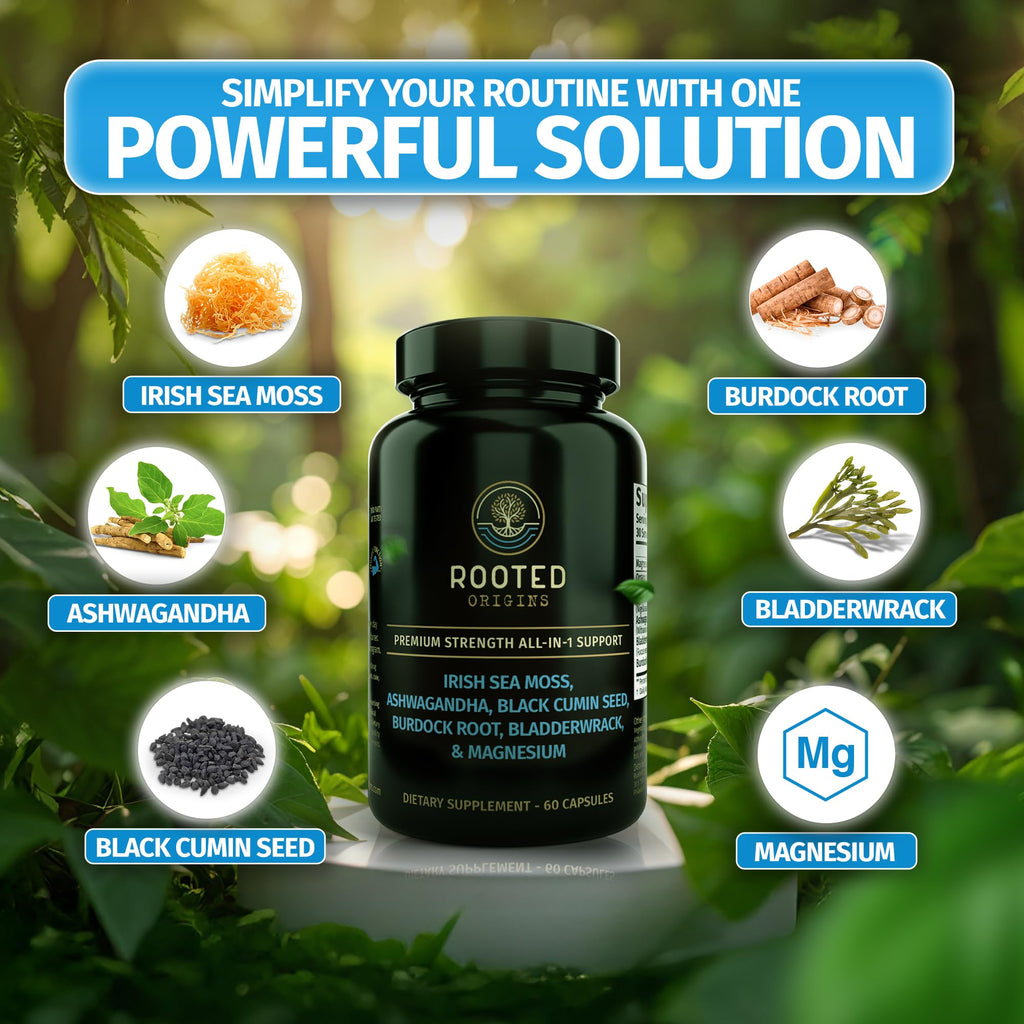 Rooted Origins Sea Moss Capsules – Irish Sea Moss Advanced, Magnesium, Ashwaghanda, Black Seed Oil, Burdock Root & Bladderwrack – Immune Support, Gut Health, Energy, & More – 60 Capsules