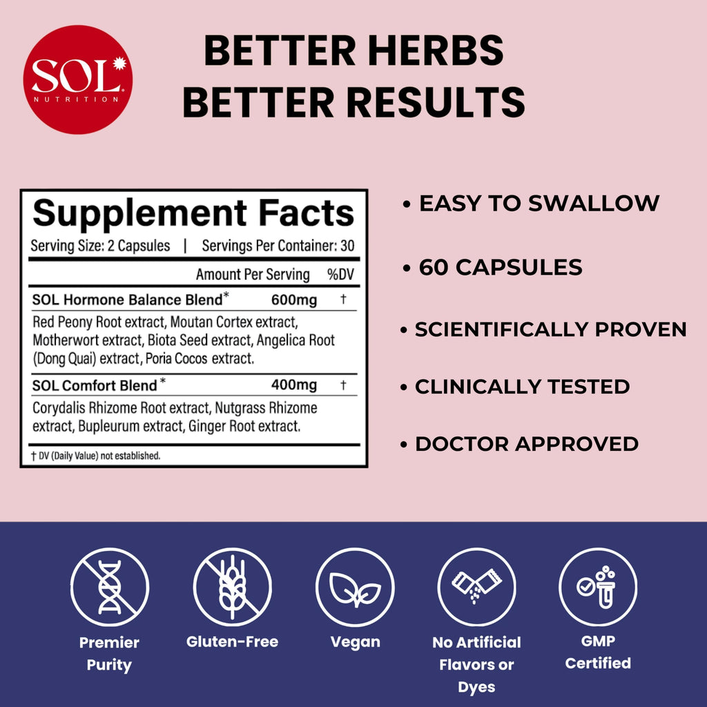 Sol Nutrition Ease the Flow - PMS Support, Menstrual Relief, PMDD Supplements, Period Relief Products, Eases Bloating & Mood Swings, Vitamins B6 & B8, 60 Easy-to-Swallow Capsules