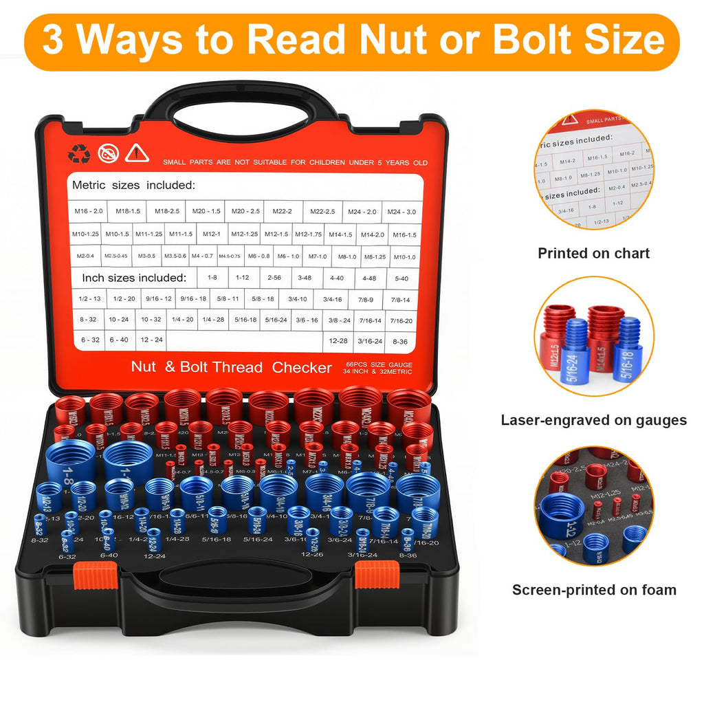 Comfylichi 66 Pcs Nut and Bolt Thread Checker - 34 Standard & 32 Metric, Detachable Bolt Size Finder Tool, Screw and Nut Identifier Thread Gauge Especially for Tight Spaces