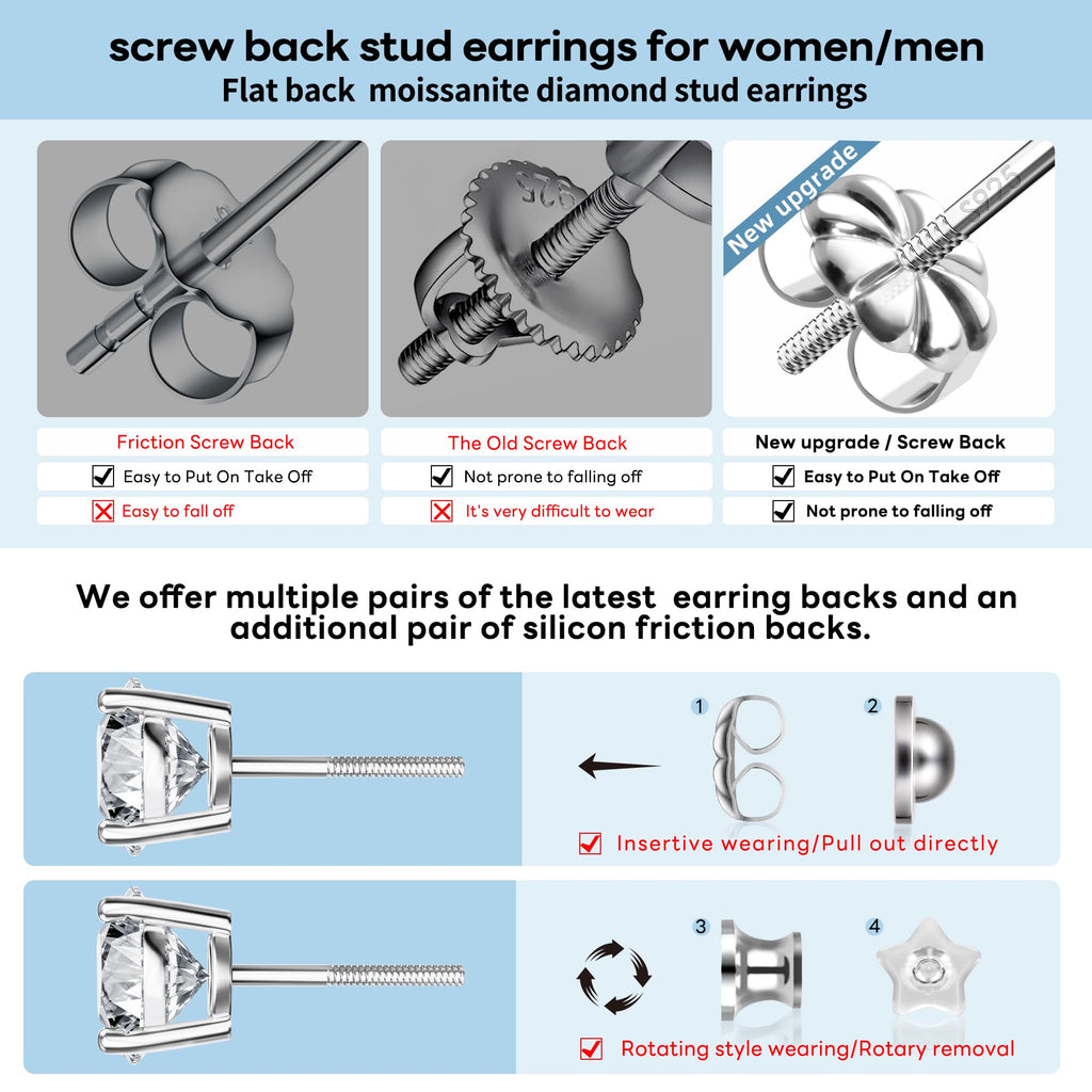 Moissanite Screw Back Earrings Men Women, Substitute Diamond Stud Earrings