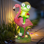 ZFNN Solar Garden Statue Outdoor, Frog Riding Flamingo Decor with LED Eyes
