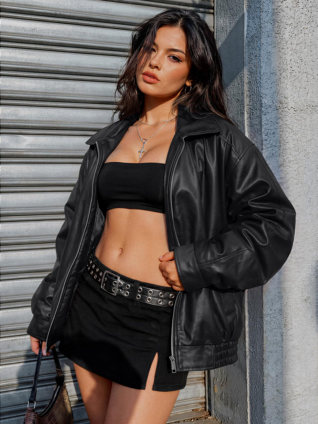 AUTOMET Women's Oversized Faux Leather Jacket for Fall and Winter