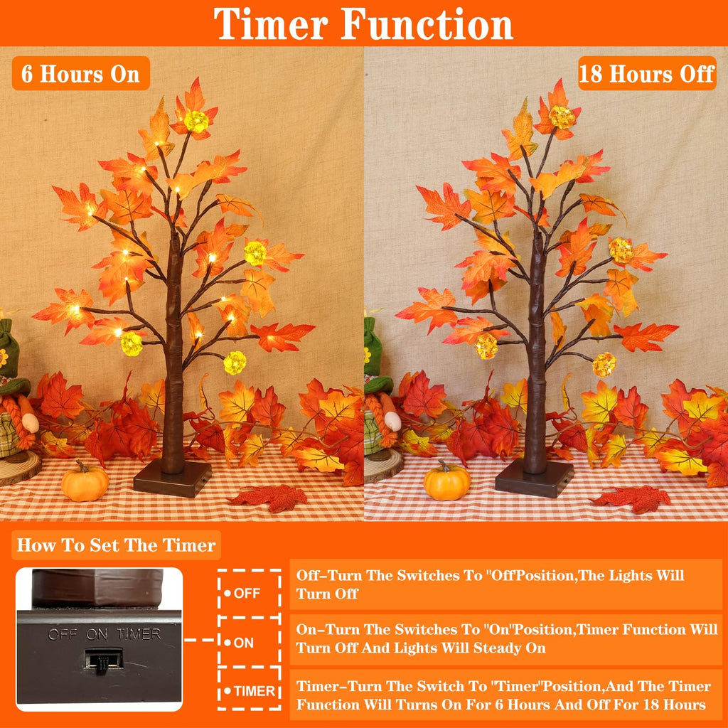 TURNMEON Fall Decor 2 Pack 24 Inch Prelit Fall Maple Tree 48 LEDs Timer
