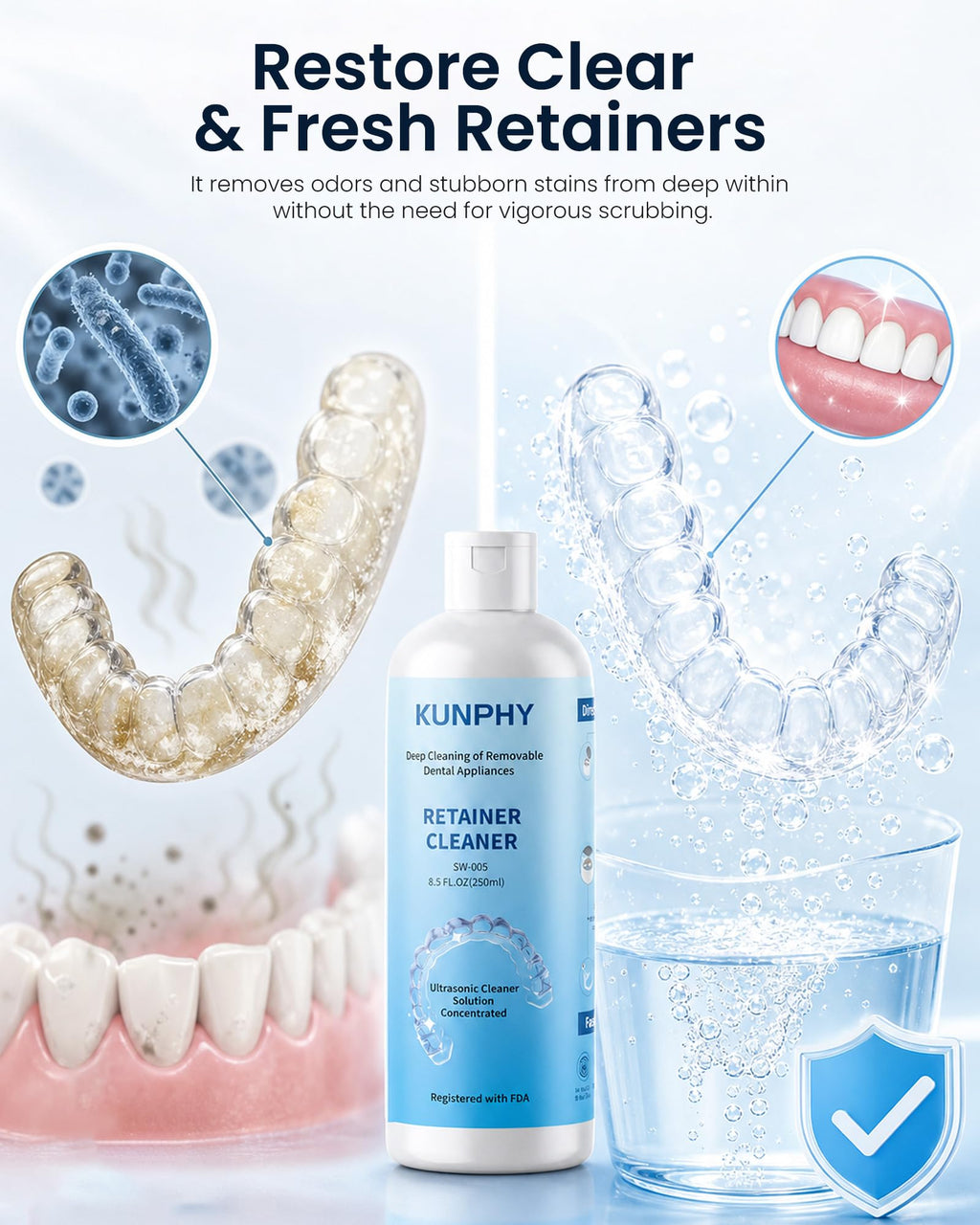 Ultrasonic Retainer Cleaner Solution for Ultrasonic Denture Cleaner-Professional Cleaning of Retainers, Invisible Aligners, Mouth Guards, Night Guards, Remove Odors, Discoloration & Stains 8.5oz
