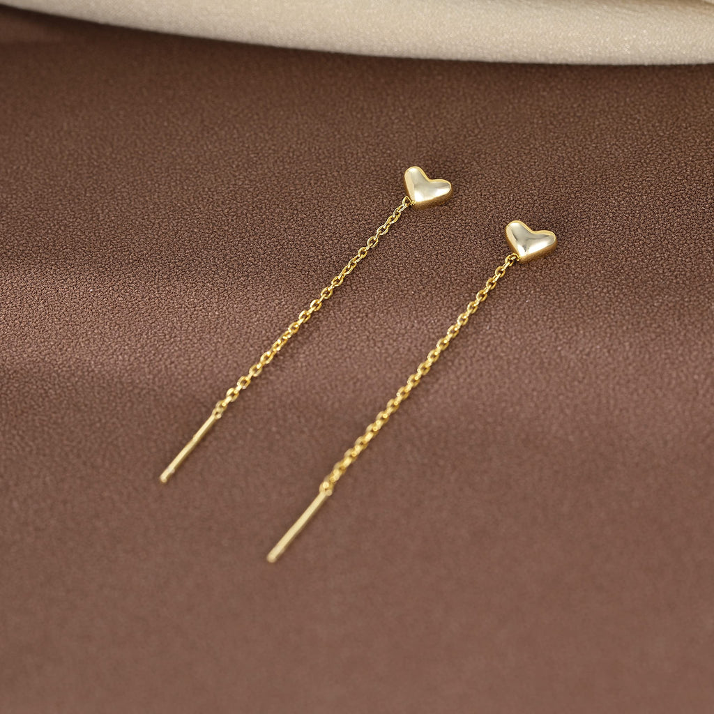 Reffeer Solid 925 Sterling Silver Tiny Cute Heart Dangle Earrings Chain for Women Teen Girls Dangle Earrings Threader Tassel (B-Gold)