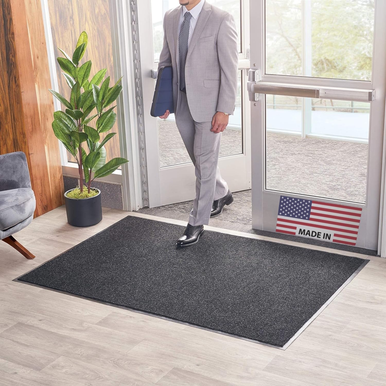 Consolidated Plastics Brush Dry Mat - Made in USA, Heavy-Duty Commercial DoorRug for Indoor/Outdoor Entryways, Non-Slip Backing for High-Traffic Areas (3' W x 5' L, Charcoal)